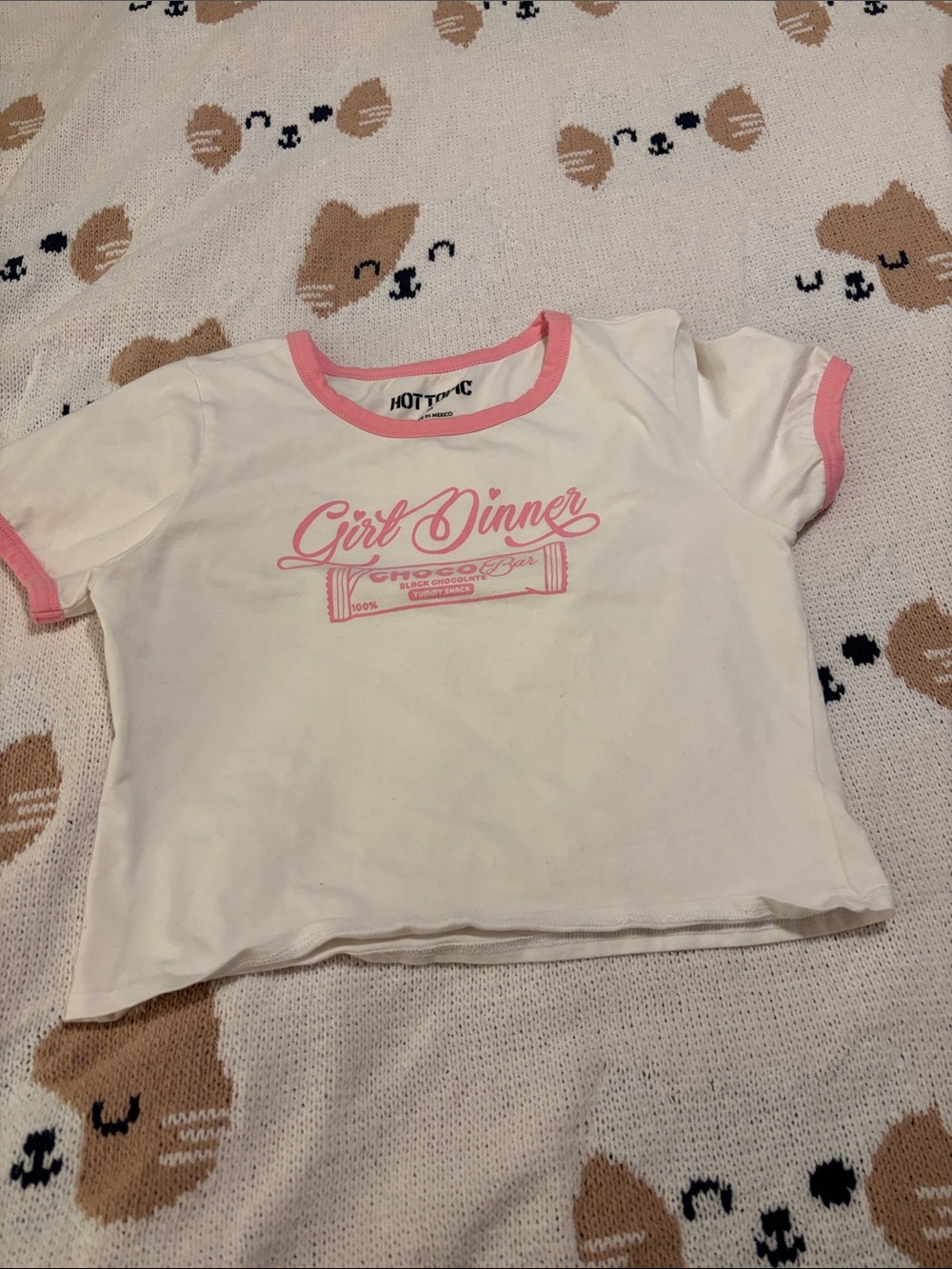 Hot Topic White Tee with Pink Trim and Pink "Girl Dinner" Graphic